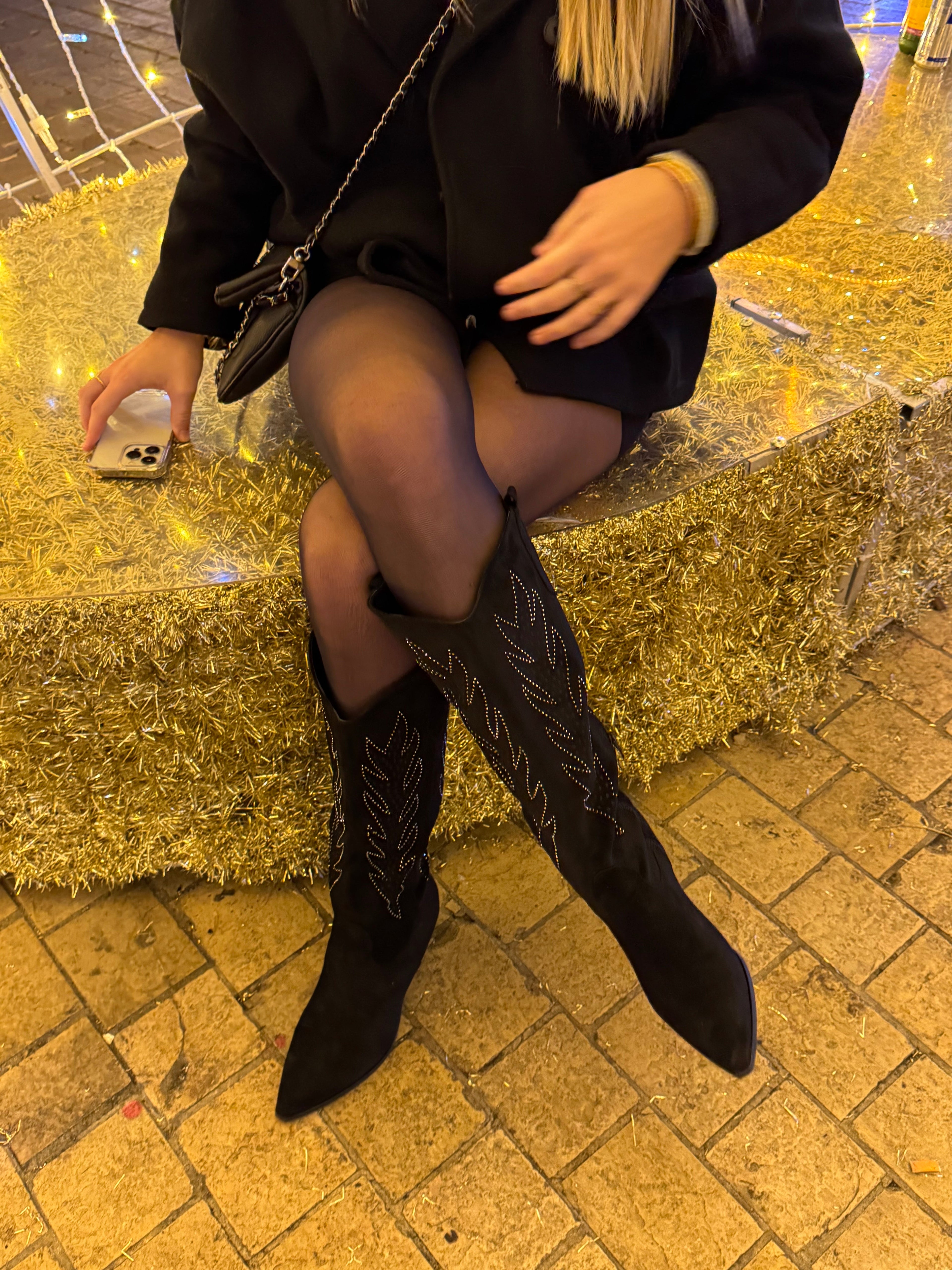 JOSEF Cowboystiefel aus Veloursimitat - Schwarz