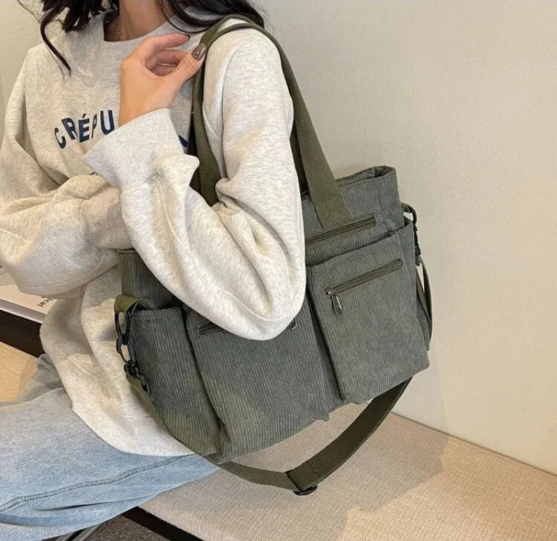 Grand sac à main cabas bandoulière de cours en velours côtelé multipoches Élina