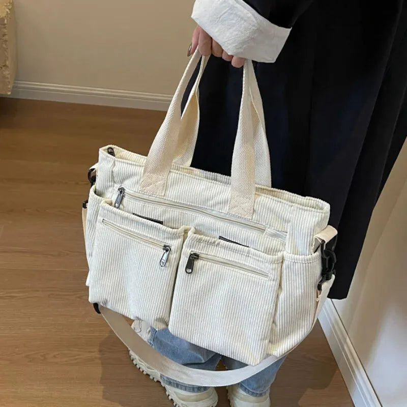 Grand sac à main cabas bandoulière de cours en velours côtelé multipoches Élina