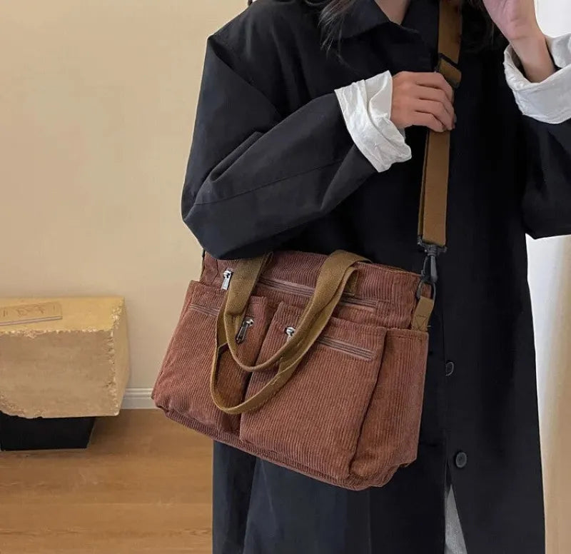 Grand sac à main cabas bandoulière de cours en velours côtelé multipoches Élina
