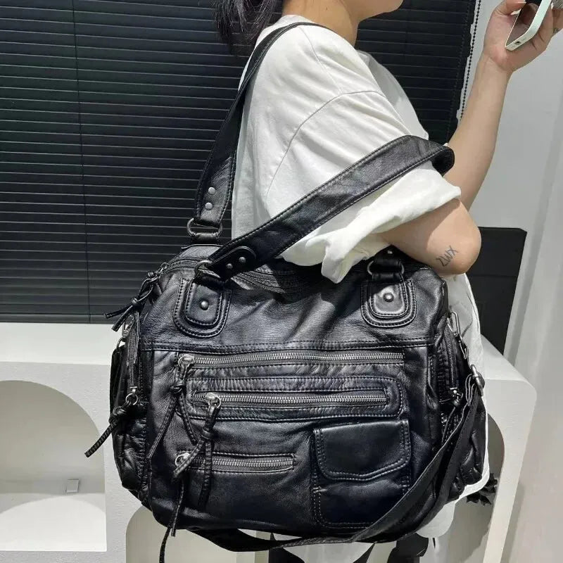 Grand sac à main de cours rétro multipoches à bandoulière Amandine