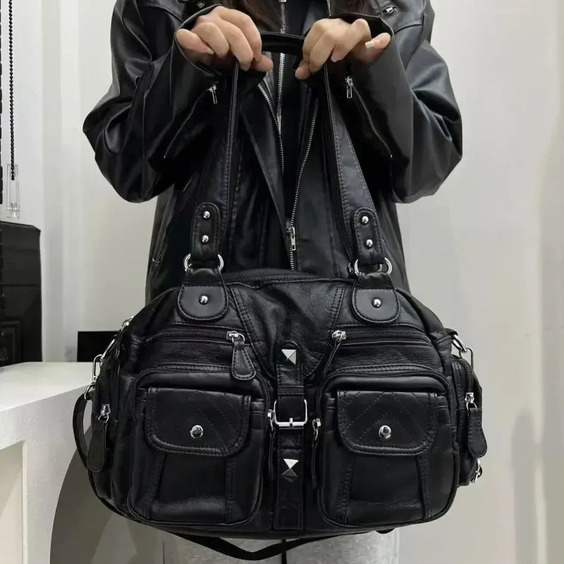 Grand sac à main de cours rétro multipoches à bandoulière Inès